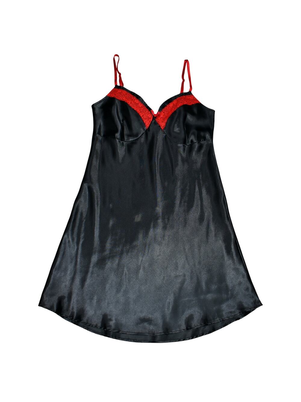 Vintage Satin Slip Dress Medium Chemise Black Red Lace Y2K 90s Grunge Coquette